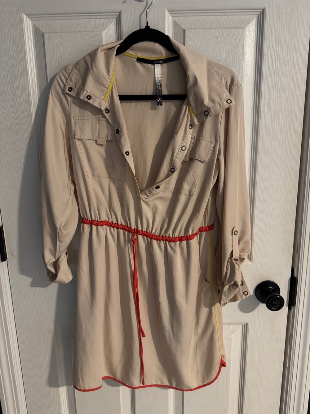 Kensie Cream Mini Shirt Dress with Red Trim
